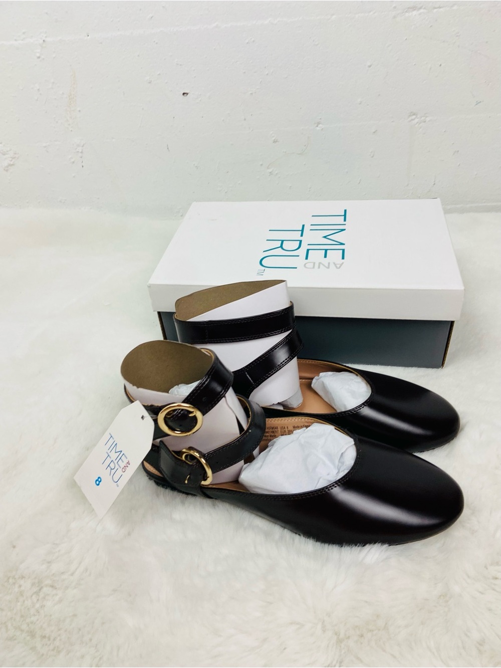 Time and Tru Black Double-Buckle Ankle-Strap faux leather Flats SZ 8 & 6